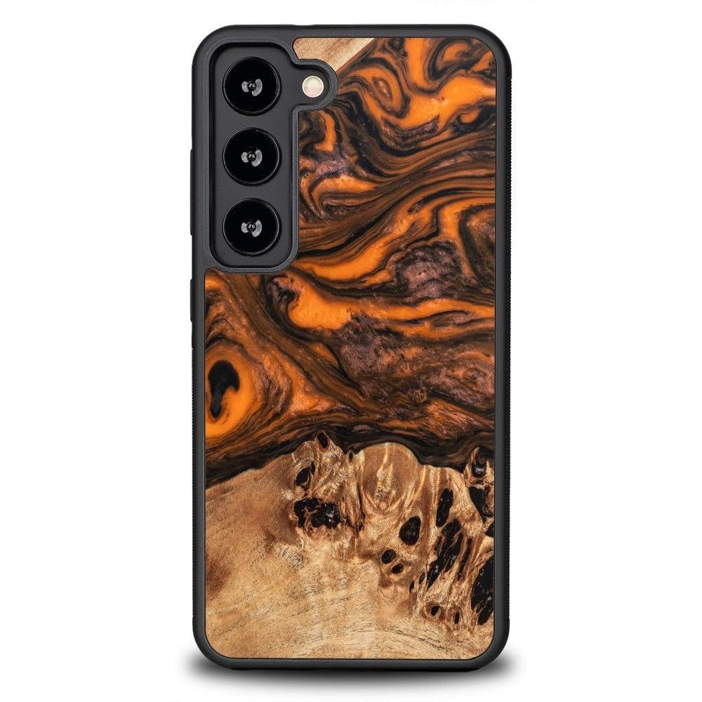 Unique Case kompatibel mit Samsung Galaxy S23, Handgefertigte Schutzhülle aus Naturholz und Harz, Orange, Stoßfest, rutschfest, MagSafe-kompatibel