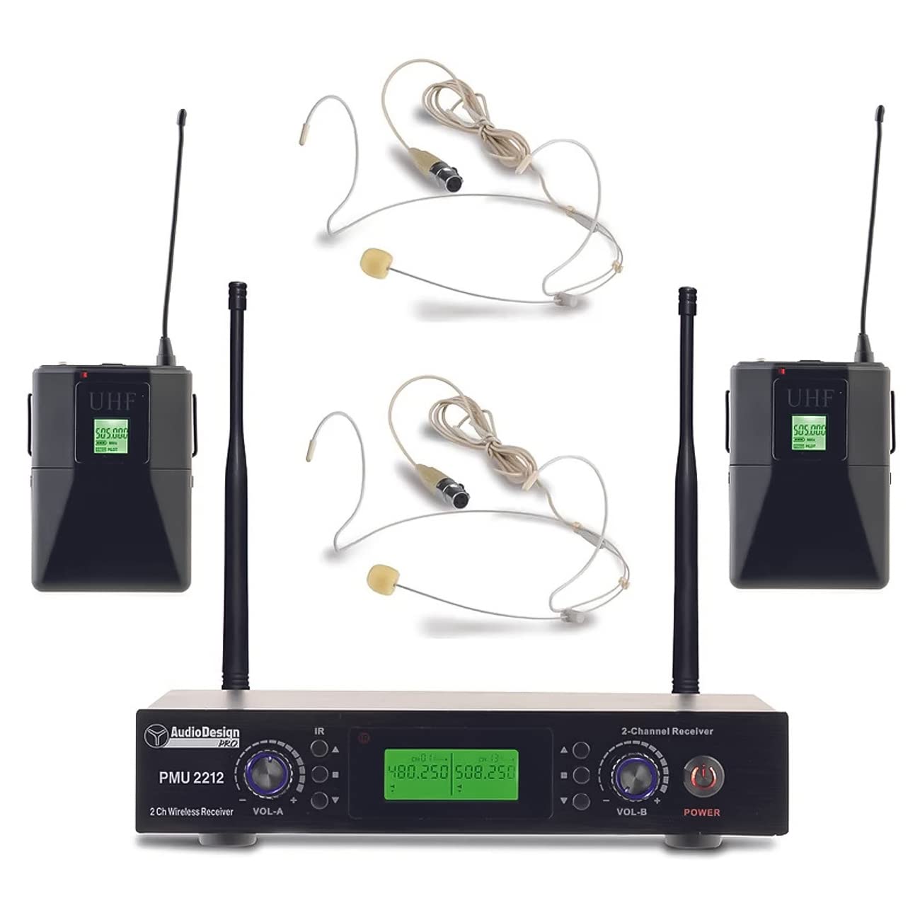 PMU 2212BP Set centralina e 2 microfoni ad archetto UHF, kit radiomicrofono palmare professionale, microfono wireless con body pack