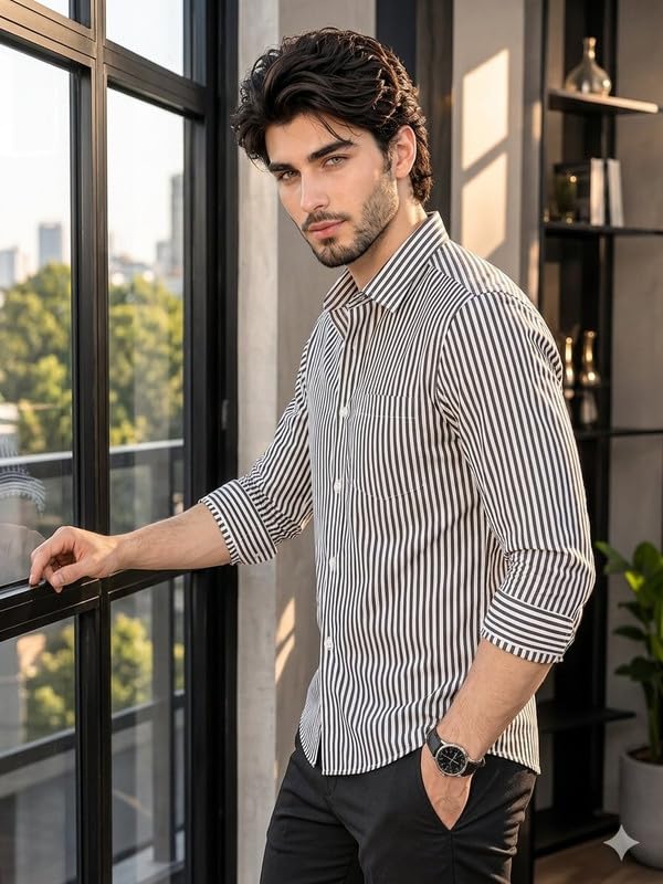 Image of U TURN Men's Casual Solid Stylish Formal Striped Plus Size Shirt for Men