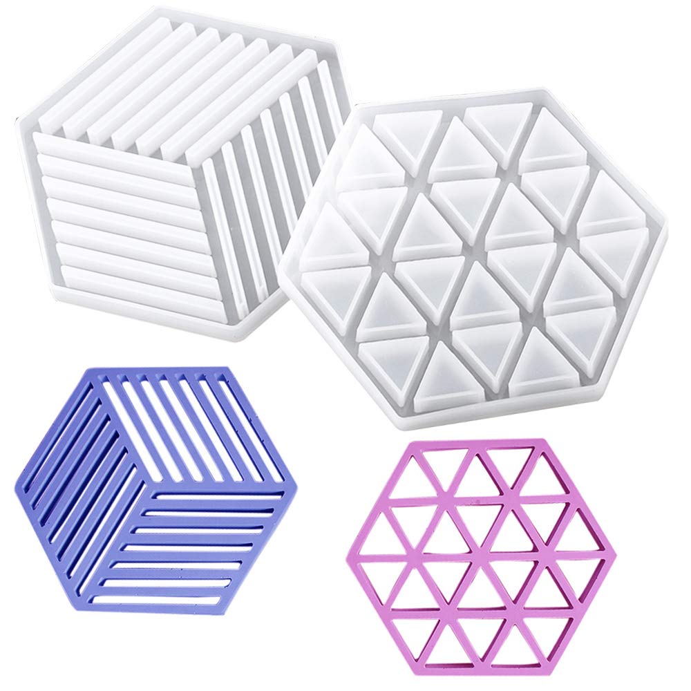 BoomYou2 Pack DIY Coaster Silicone Mold Epoxy Casting Molds Triangle Hexagon Molds for Casting with Resin Concrete Cement Home Decoration - Striped Triangle and Hexagon