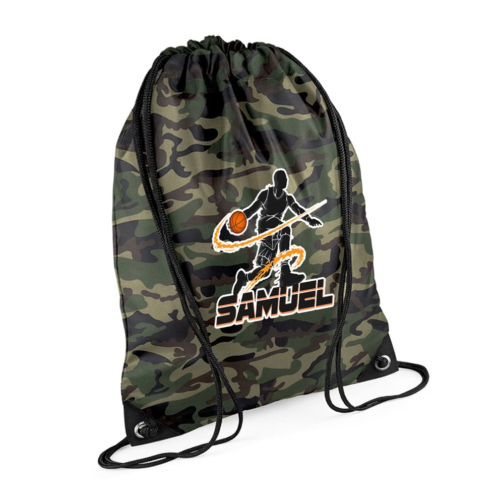 Personalised Basketball Player ANY NAME Sports Lover Gift for Men, Boy, Friend, Birthday present Drawstring Bag, PE Gym Kit Swimming, Sport Rucksack. (Jungle Camo) โ image 1