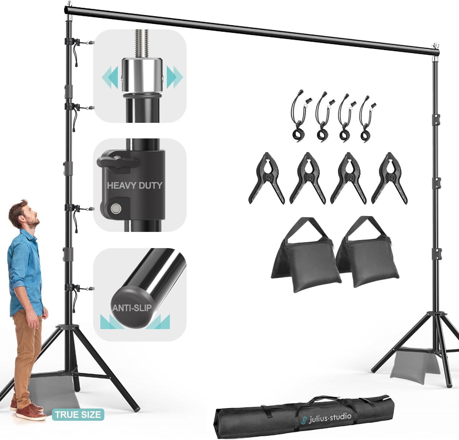 Julius Studio Heavy Duty 10 x 9.6 ft. (W x H) Backdrop Stand Background Support System Kit with Spring Clamps, Elastic String Clip, Sand Bag, Carry Bag for Photography, Events, JSAG660