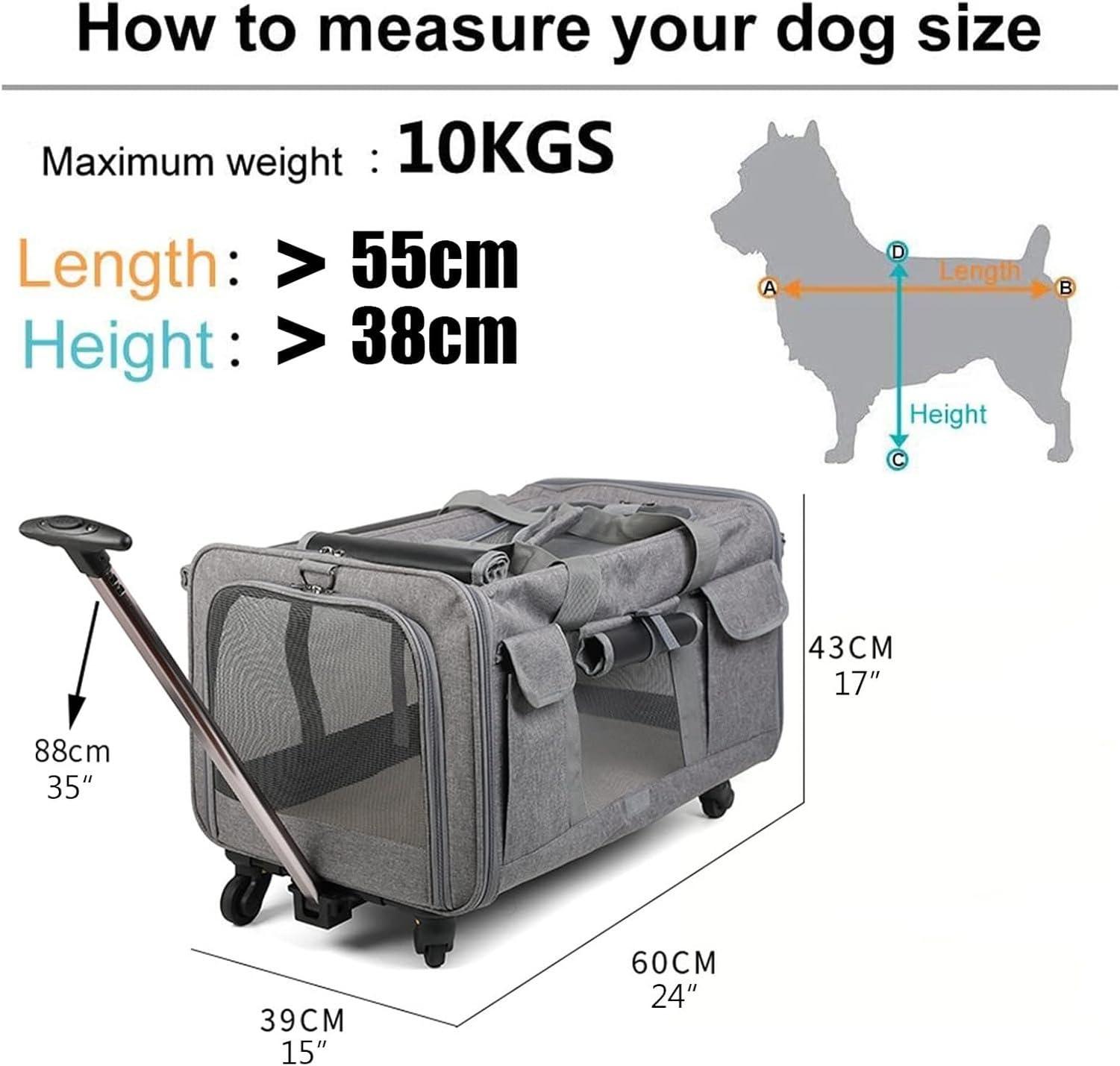 Transportín Rodante Desmontable para Perros y Gatos hasta 9kg, Mascotero Plegable de Lado Blando para Viaje, Jaula Plegable para Mascotas Pequeñas con Ruedas Ex, Black