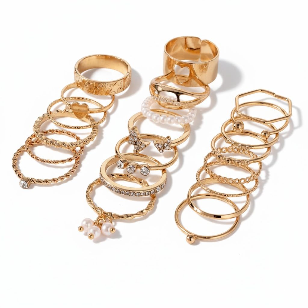 tiny troves Fashion 21 pcs Latest Stylish Stackable Kunckle Rings Set for Women & Girls Pearl Stone Beaded Butterfly Heart Boho Gold Plated Finger Ring Combo-picture-35