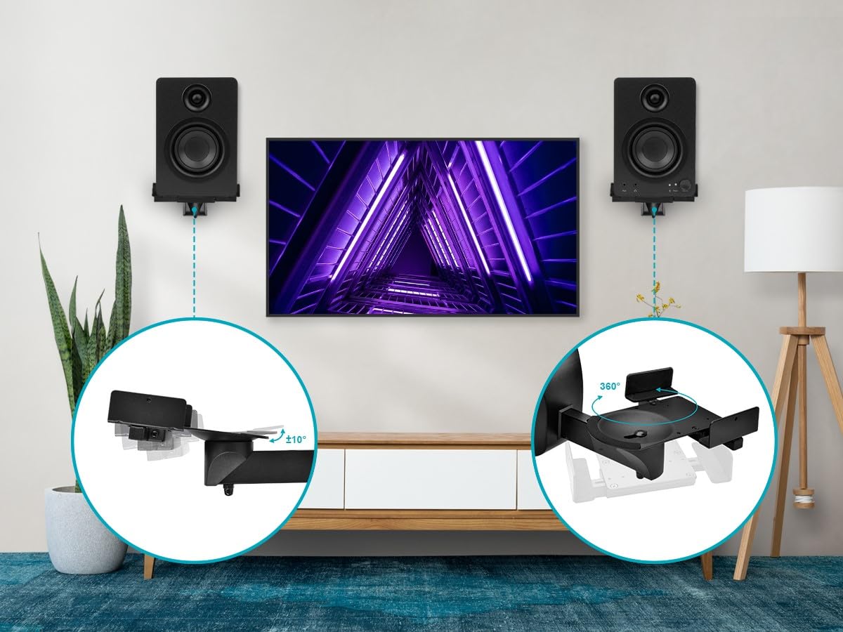 Monoprice Soportes universales de Montaje en Pared para Altavoces, giratorios, inclinación, sujeción Lateral Doble, estantería Grande/Altavoces de Sonido Envolvente de hasta 55 Libras, par