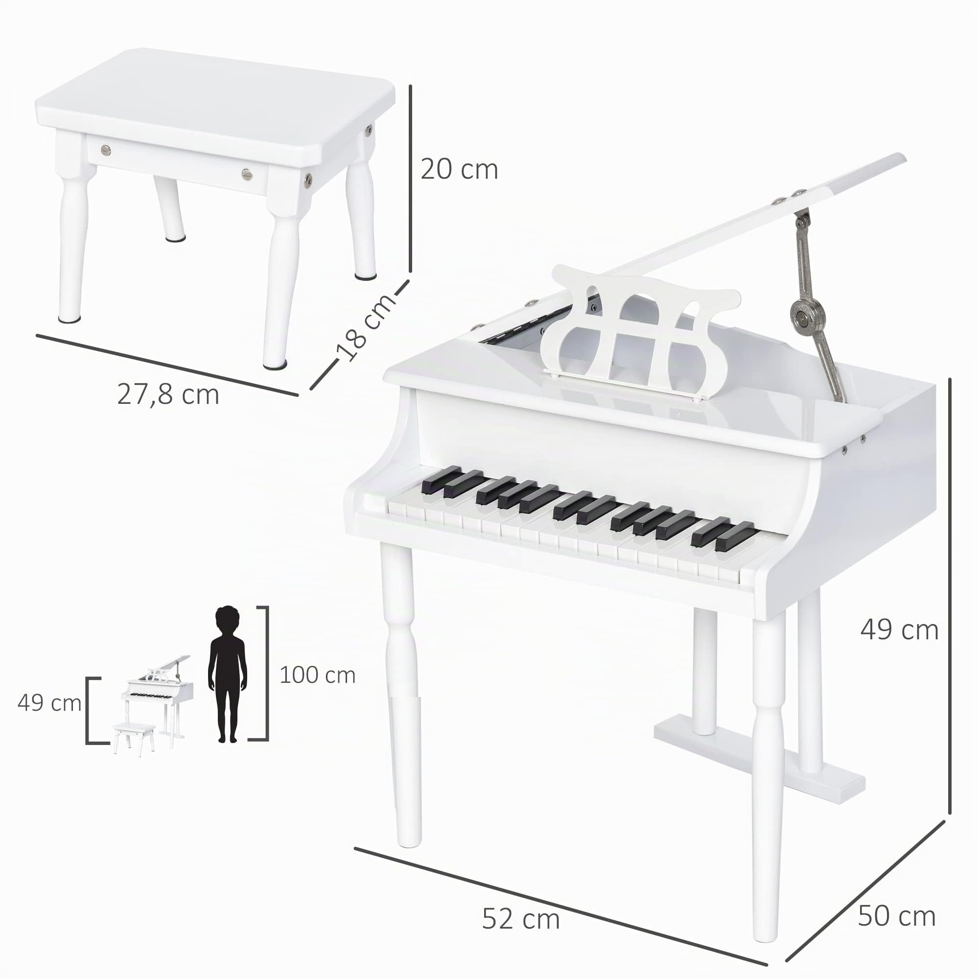 HOMCOM Piano de Cola Infantil con 30 Teclas para Niños 52x50x49 cm Blanco | de MDF, Taburete, Atril de Partituras, Instrumento Musical Didáctico