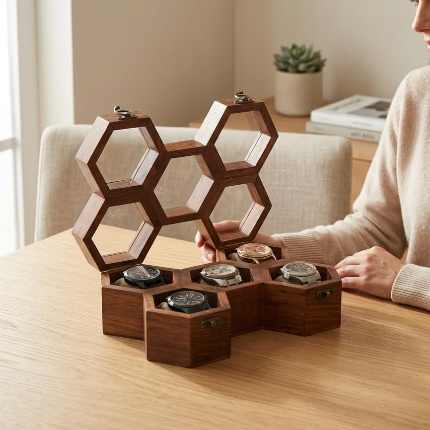 Image of Wooden Watch Box With Honeycomb Design, 5 Compartment Dustproof Storage Case, Handmade Gift Box For Men & Women, Golden Brown Finish, Unique Luxury Watch Organizer