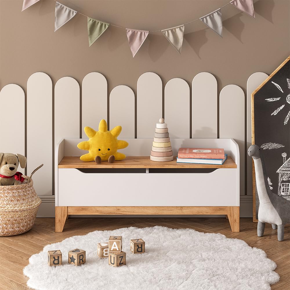VitaliSpa Cassapanca per giocattoli Malia, Bianco/Artisan, 107.2 x 50 cm con sedile, con spazio contenitivo e combinabile con altri mobili Malia