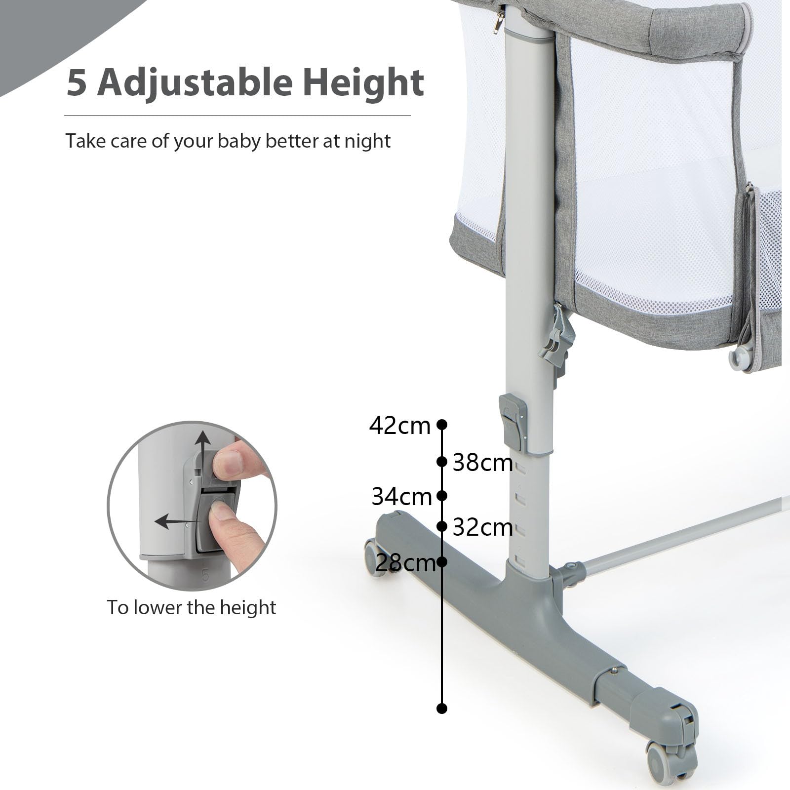 LIFEZEAL 3 in 1, culla regolabile in altezza a 5 livelli, culla con materasso, lettino da viaggio mobile su ruote con navicella, culla per bambini dalla nascita fino a 9 kg (grigio chiaro)