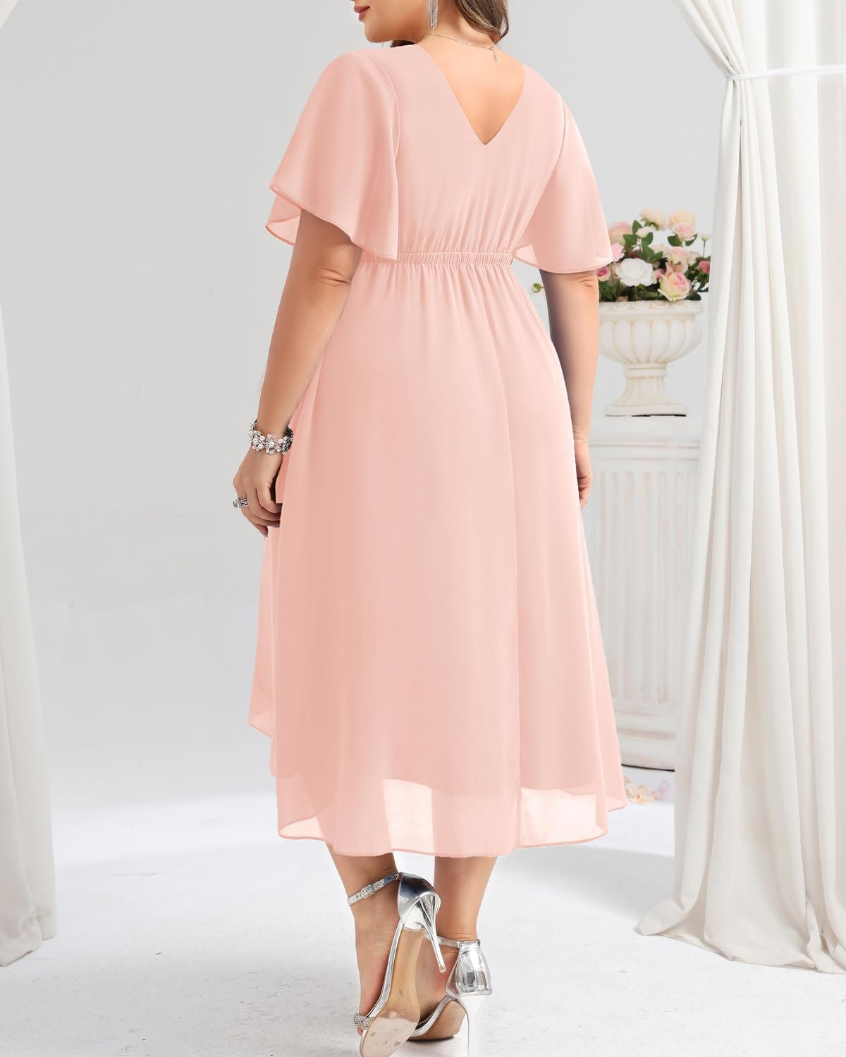 Plus Size Pink Dress Formal Wedding Guest Bridesmaid Mother of Bride Chiffon V Neck Short Sleeve High Low Dresses Women - Image 5