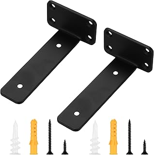 Floating Shelf Brackets, Black 6 Inch Hidden L Shelf Bracket, Invisible L Shelves Brackets, Industrial Metal Shelf Hardware Supports Brackets Heavy Duty for Shelves - 2pcs, 1/5 Inch Thicked