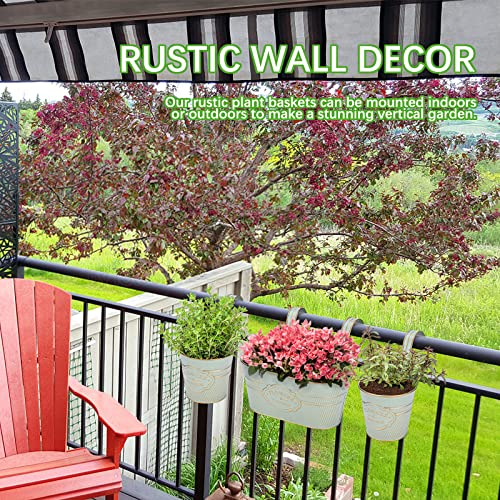 Image of PerGar 3 Pack Metal Railing Planter Box Outdoor, 10.6 inch Hanging Flower Pots with Detachable Hooks & Drainage Holes, Rail Planter Boxes for Balcony Deck Porch Fence Garden Home Decoration, Grey Blue