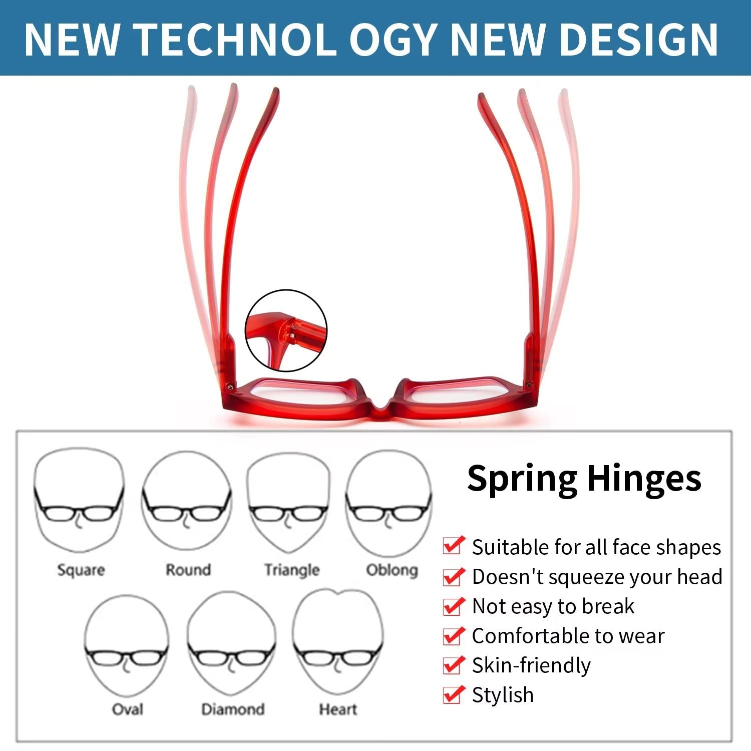 Amorays Occhiali da Lettura Oversize Square Frame Vintage con Anti Luce Blu Lenti Cerniera a Molla Occhiali Presbiopia Lettori per Donna Uomo 6561NEW(Rosso,+2.5)