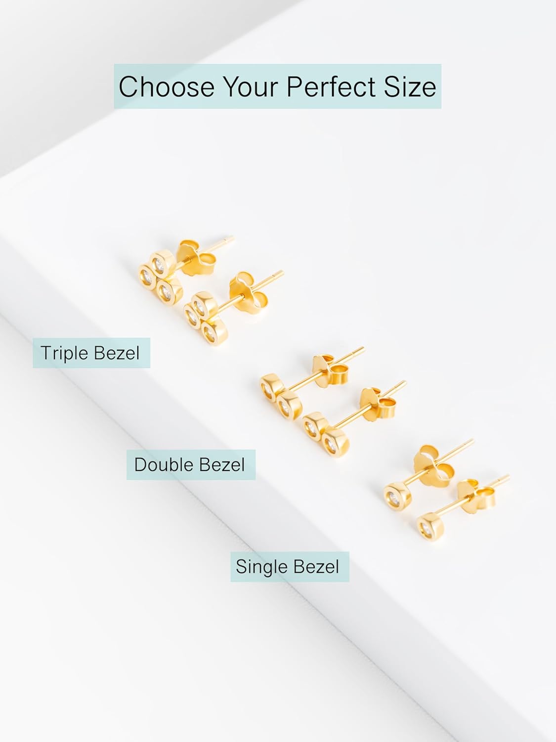 Altitude Boutique Cubic Zirconia Bezel Stud Earrings for Women | Single, Double, or Triple Cz Bezel Studs | 18K Gold or Silver Plated, Delicate, Hypoallergenic Minimalist Earrings - Image 7