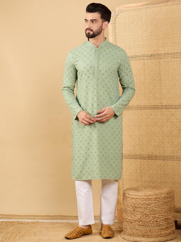 Image of Men's Solid Embroidered Long Straight Kurta | Men's Kurta | Embroidered Chikankari Kurta for Men | Straight Fit Kurta for Men