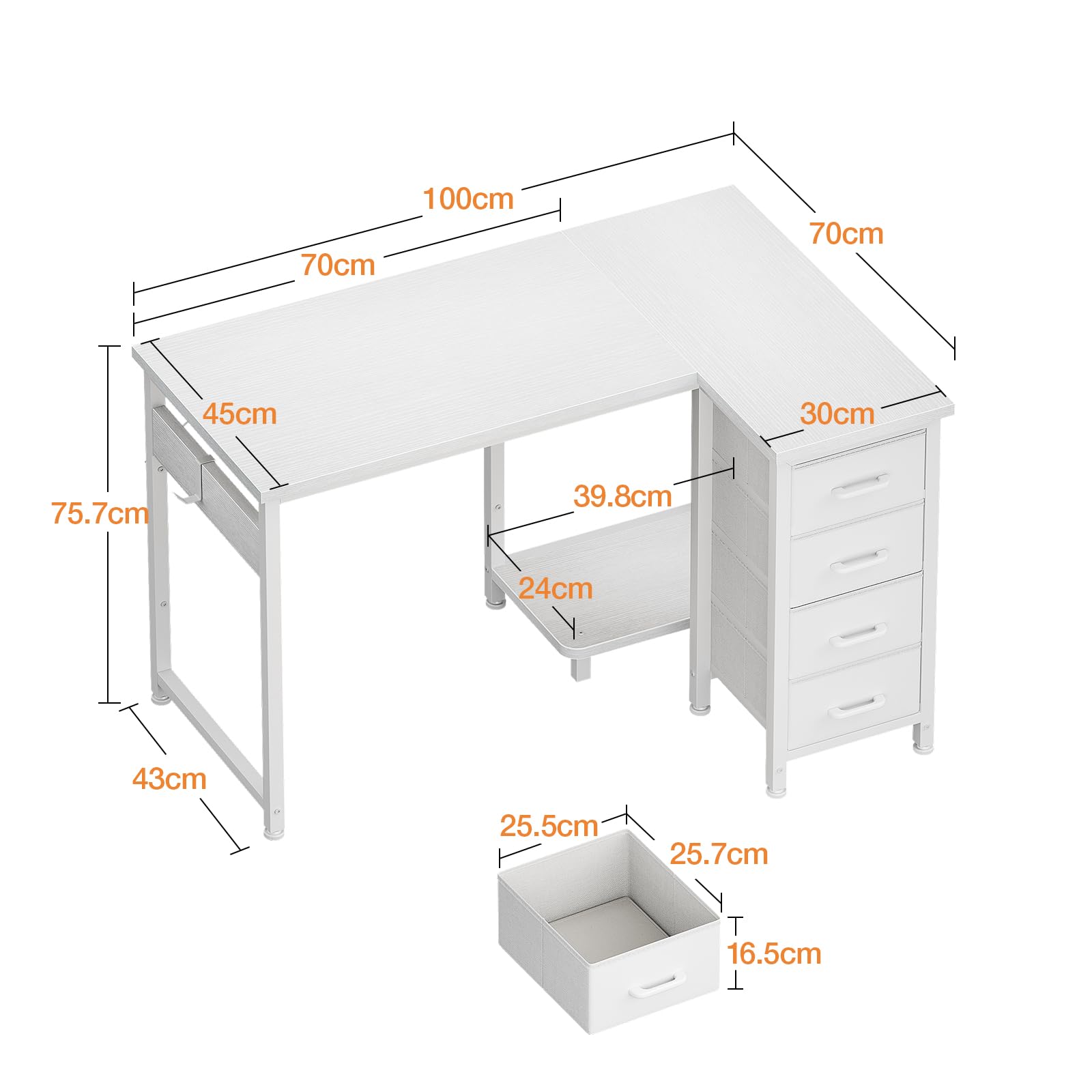 Coleshome Scrivania Angolare, 100x70cm Scrivania a L con 4 Cassetti, Tavolo Computer Reversibile per Ufficio/Camera da Letto, Bianco
