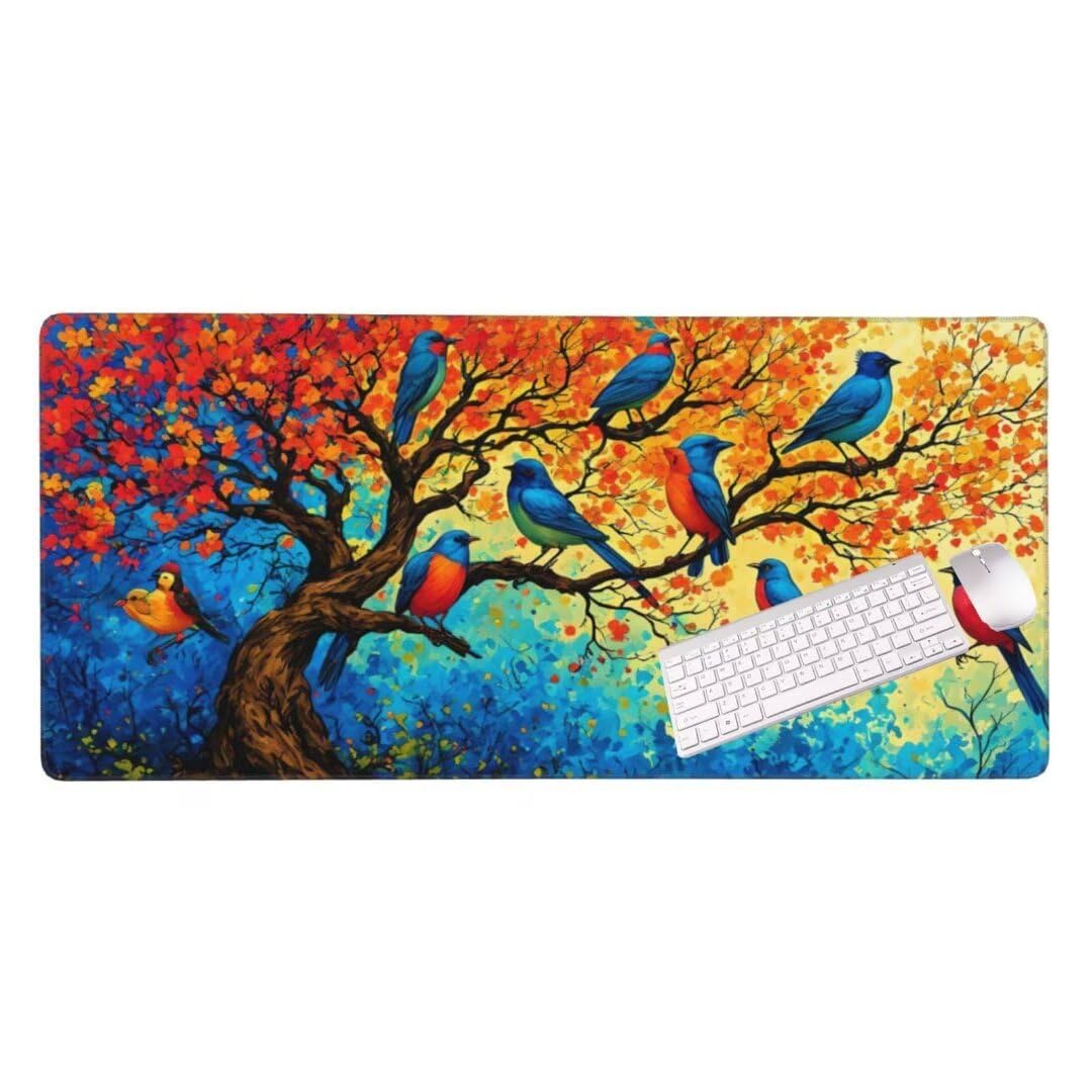 Alfombrilla de ratón 1400x600x3 MM, Alfombrilla Ratón XXL Extendida de Gran Tamaño con Bordes Cosidos, Base de Goma Antideslizante Almohadilla para Teclado, Árbol y pájaro S-10985