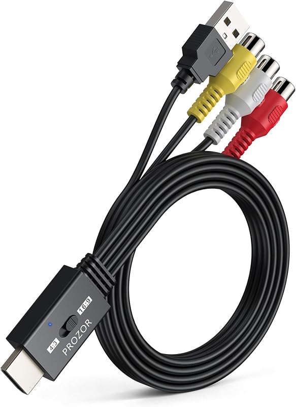 PROZOR RCA to HDMI Converter Cable 4:3/16:9 Switch 1080P AV to HDMI Adapter | Composite CVBS Audio Video Adapter, for PS1/PS2/N64/Wii/Xbox and VCR/VHS/DVD Players to HDTV, Plug & Play