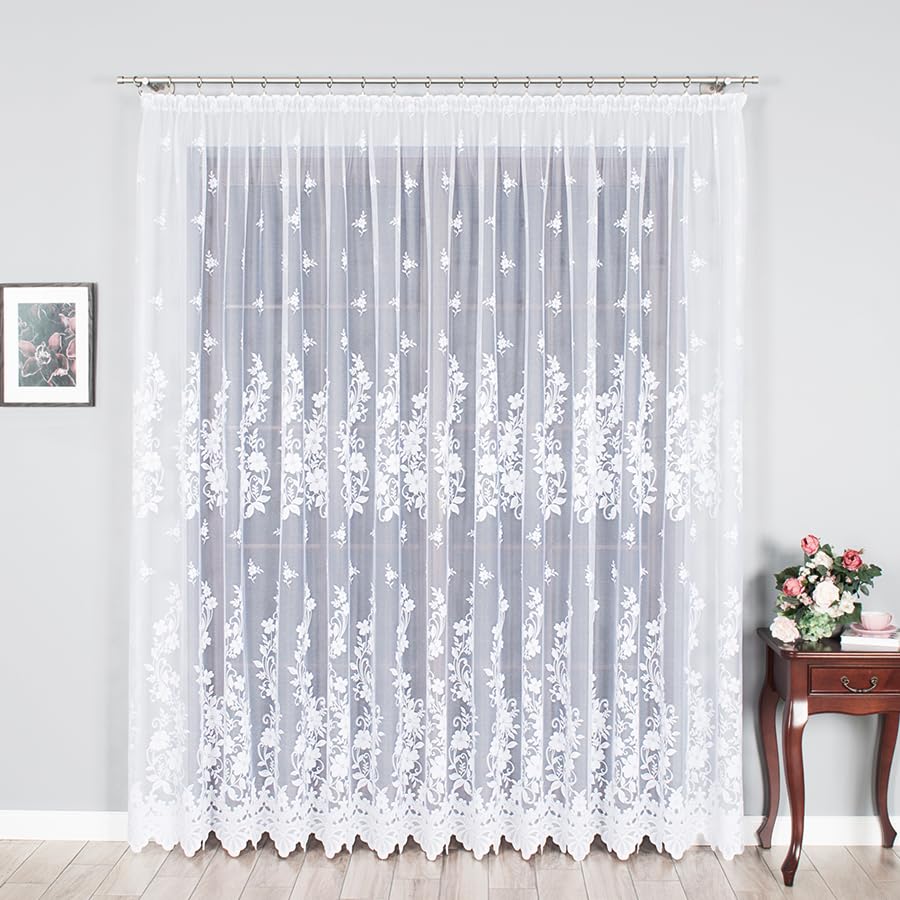 Weiß Jacquard 600x250 cm (BxH) Danuta mit Kräuselband Wohnzimmer Küche Schlafzimmer Schiebevorhänge Blumen Muster Eleganten Design