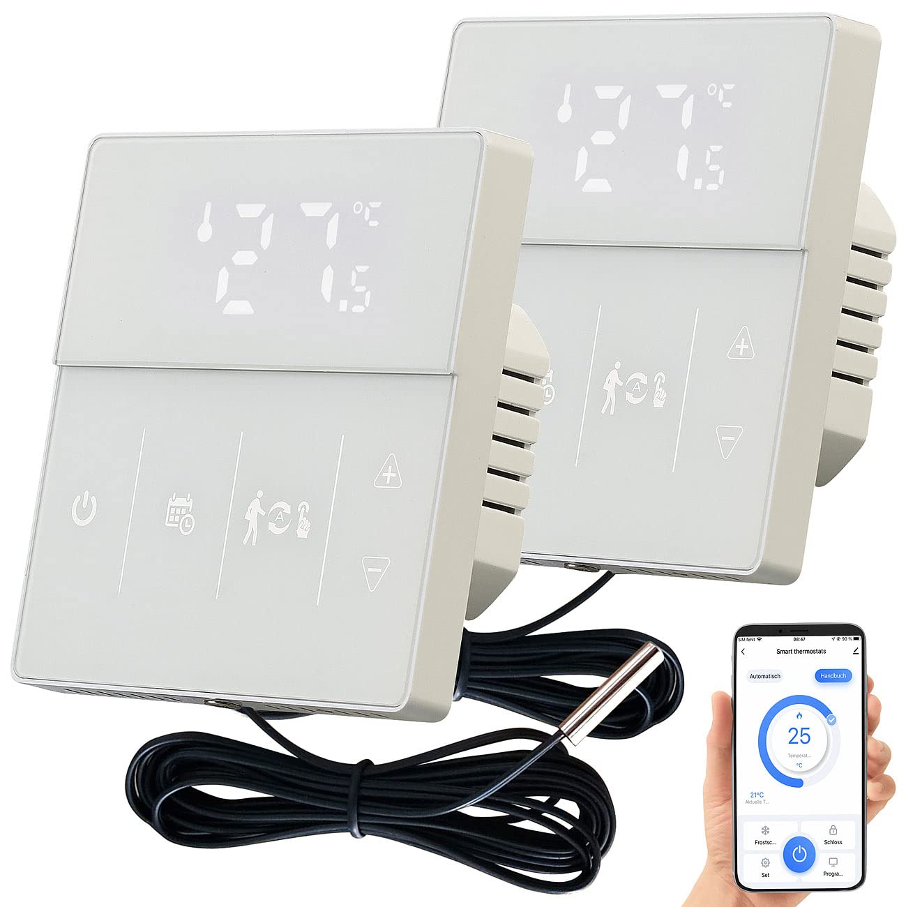 revolt Funk Thermostat WLAN: 2er-Set WLAN-Fußbodenheizung-Thermostate mit App, weiß (Raumthermostat WLAN Aufputz, Fußbodenheizung WLAN steuern, Infrarotheizung)