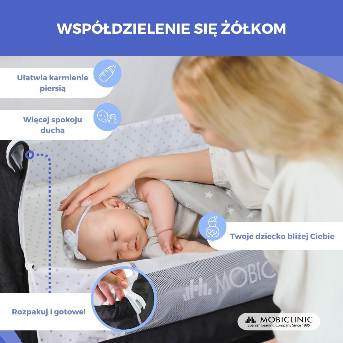 Mobiclinic®, Łóżeczko Nocne 3 w 1, Regulowana Wysokość, Materac, Moskitiera, Kółka 360°, Paski, Kosz do Przechowywania, do 20 kg, Czarne