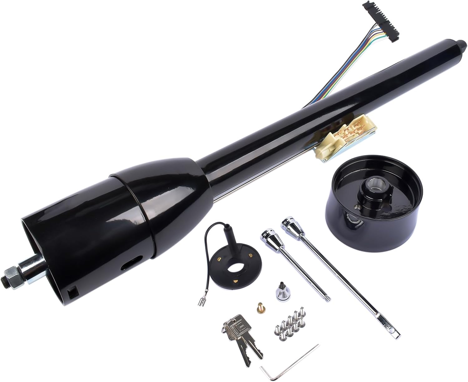 geluoxi replacement for gm 30 inch tilt manual steering column floor shift hot rod, with key & 9 holes adapter, stainless steel black coating black, 30" manual with key