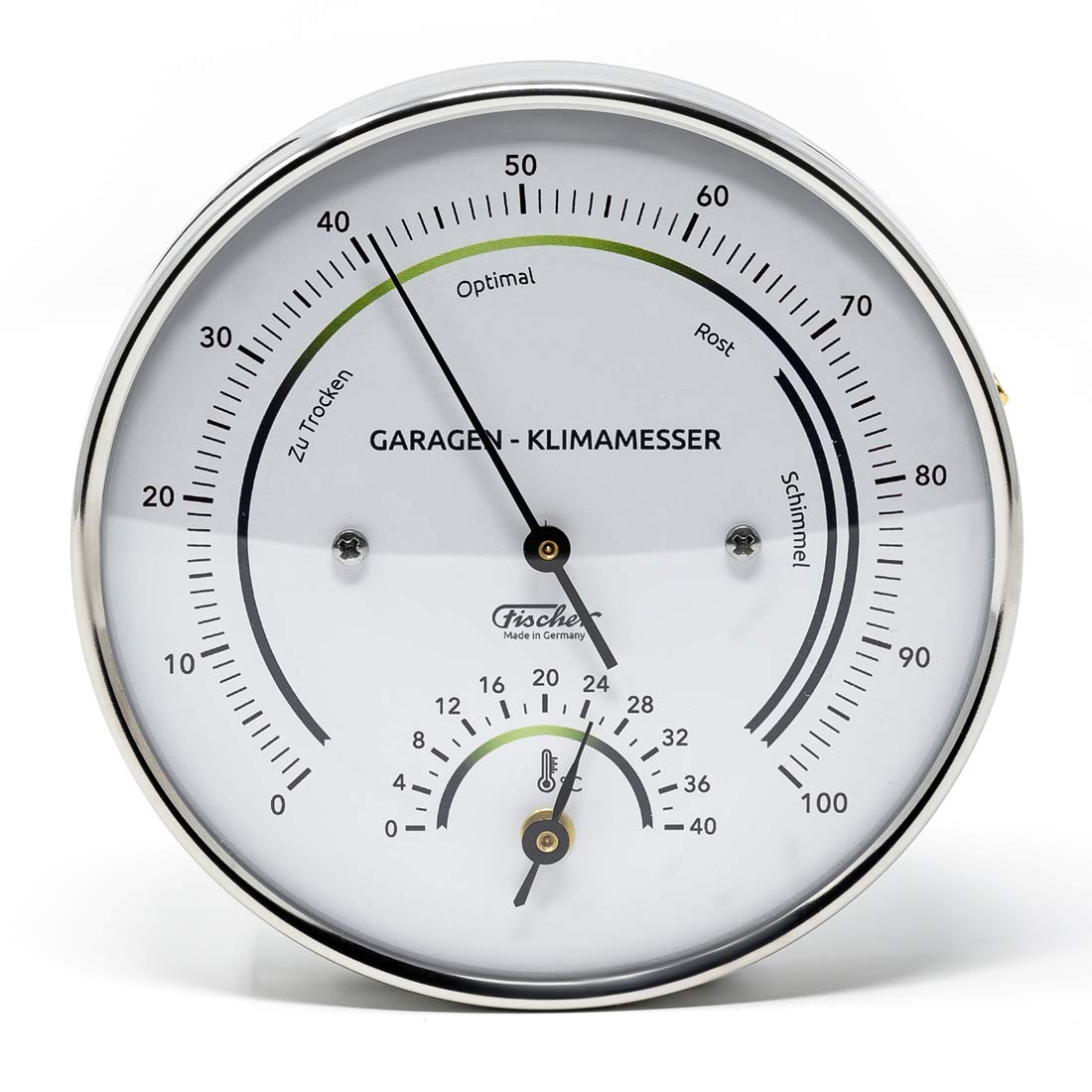 Fischer 122.01HT-Garage - Garagen-Klimamesser - 103mm Edelstahl-Luftfeuchtigkeitsmesser und Thermometer Made in Germany