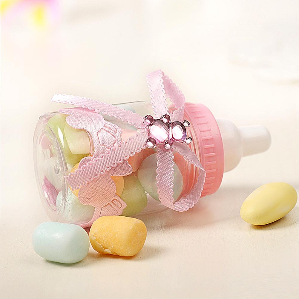 50 pz Biberon per il Latte per Baby Shower, Mini Biberon per il Latte Bomboniera, Piccolo in plastica per Caramelle a Forma di Orsetto, Scatola per Caramelle (Rosa)
