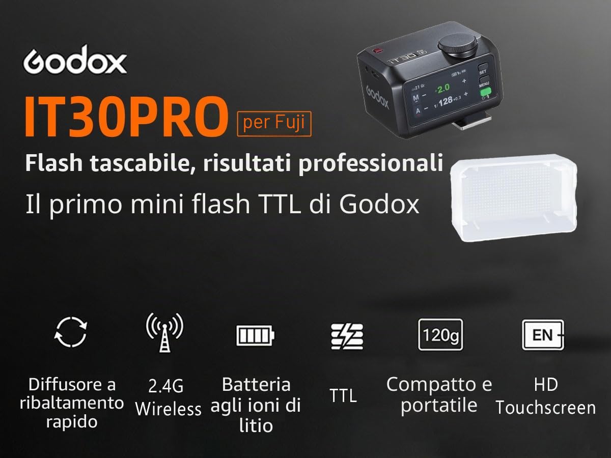 Flash Godox IT30Pro F per Fujifilm con Diffusore, Speedlite TTL HSS 1/8000s Touchscreen, Compatibile X100VI GFX100RF XS20 XS10 XT30 II XT5 XM5 GFX50S GFX50R X-T4 X-T3 X-E4