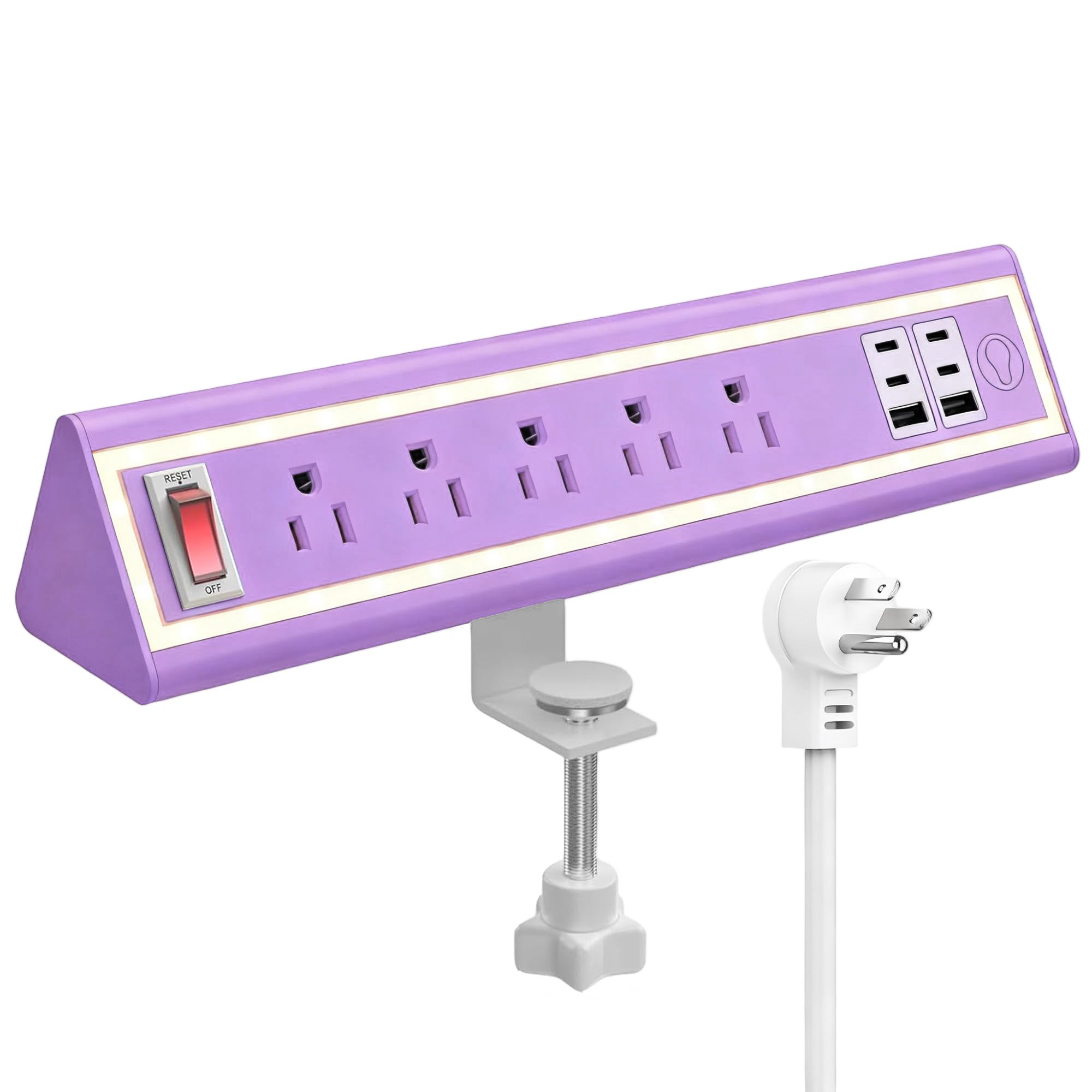 Desk Clamp Power Strip with Nightlight 40W Fast Charging 6FT Extension Cord 4x20W USB-C 2 USB Ports 5