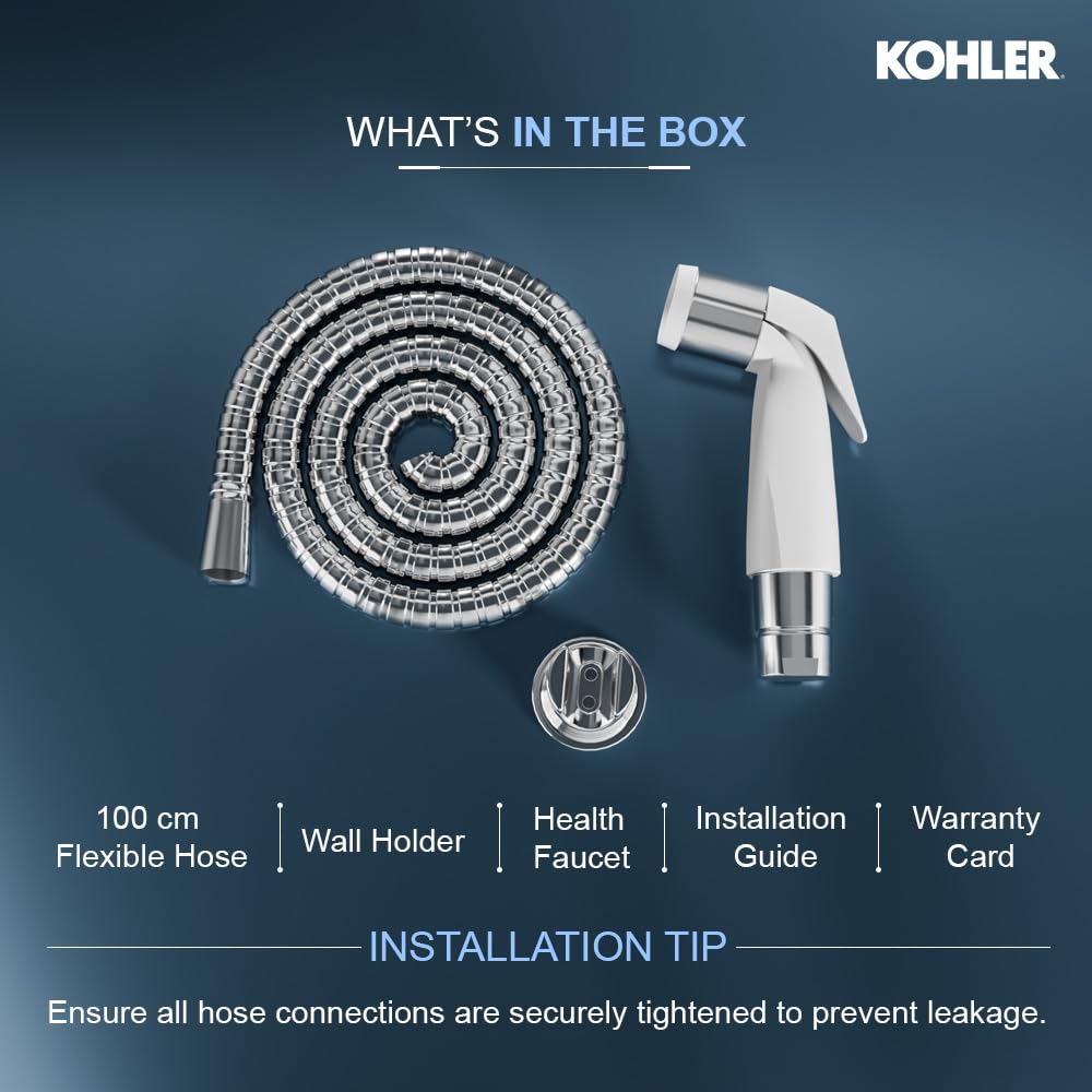 Kohler 12925IN-CP Complementary Health Faucet for Toilet | Ideal Toilet Jet Spray for High Water Pressure | Bathroom Jet Spray with Flexible Metal Hose and Holder, White, 1 M Hose 3