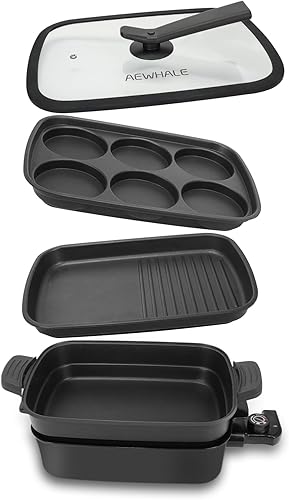 AEWHALE Parrilla eléctrica multifuncional 3 en 1, sartén eléctrica antiadherente con tapas, parrilla de fiesta de 1400 W para cocinar carnes y