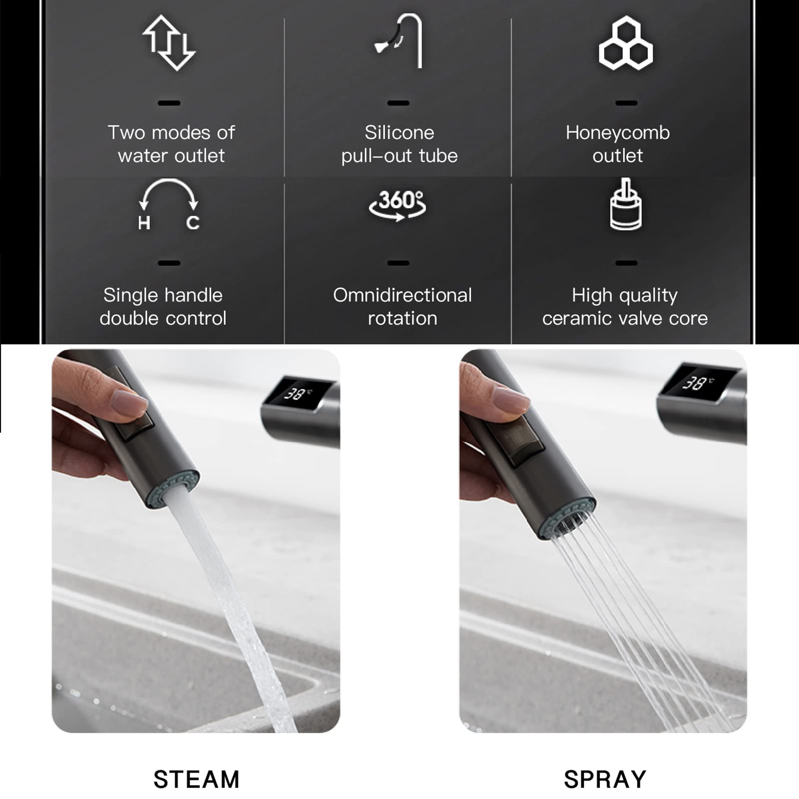 Grifo de Cocina extraíble, Monomando con Doble Control de Agua fría y Caliente, Grifo de Fregadero inductivo de Doble función, latón