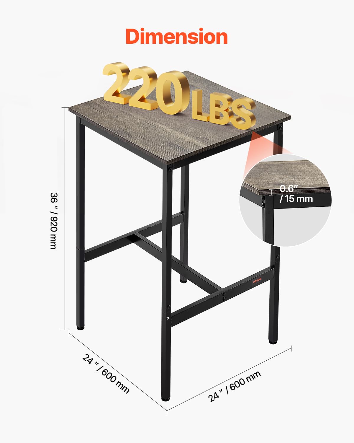 VEVOR Mesa Alta de Bar con Estructura de Metal Resistente Mesa de Comedor para Cocinas Pequeñas Cafeterías Hogares Mostrador de Cócteles Fácil de Montar 61x61x91 cm para Fiestas en Sala de Estar