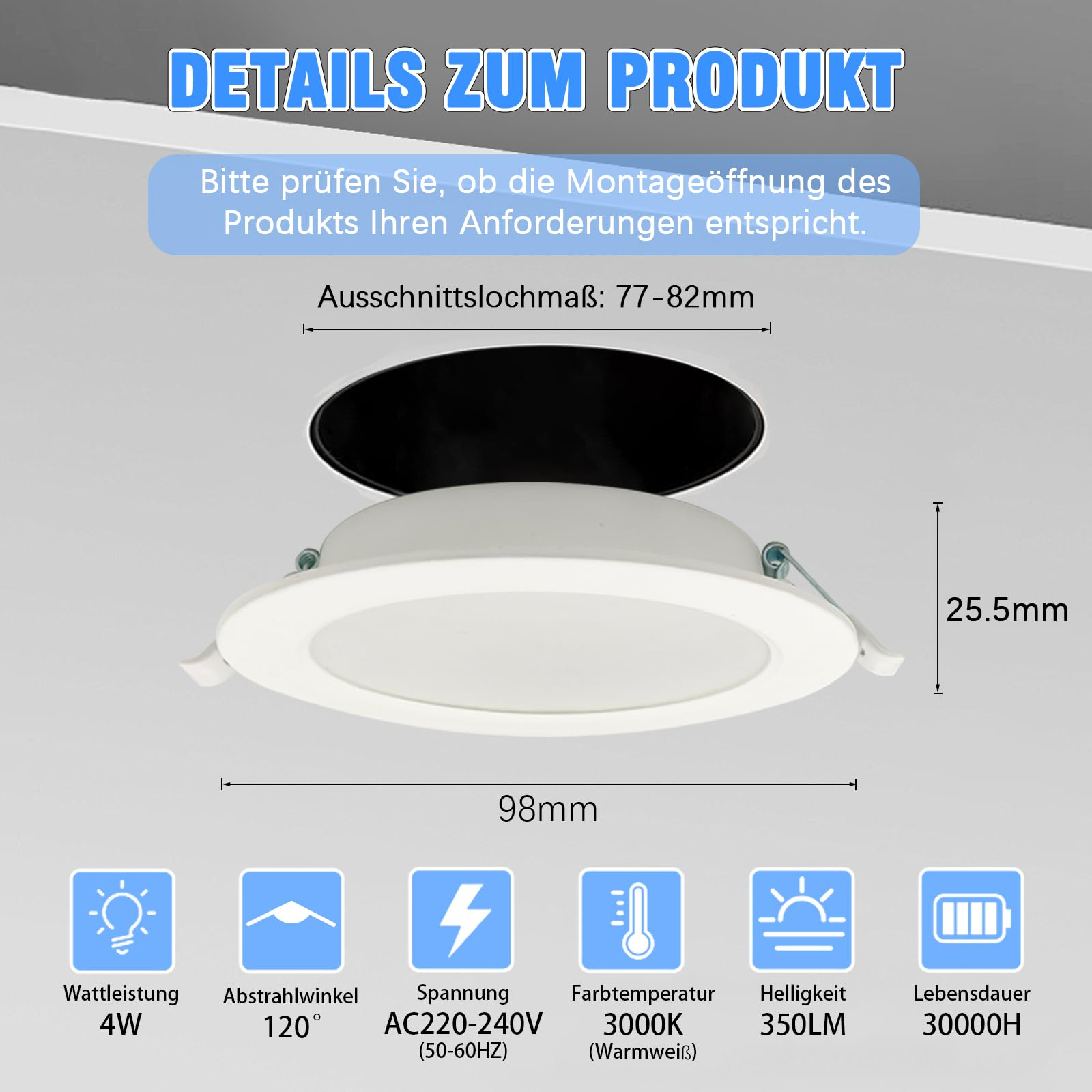 WeshLMPO LED Einbaustrahler 230V Flach 6er Set, 4W Deckenstrahler LED Spots, IP44 Deckenspots Led Einbauleuchten 350 Lumen Warmweiß 3000K, für Schlafzimmer Badezimmer Wohnzimmer Küche