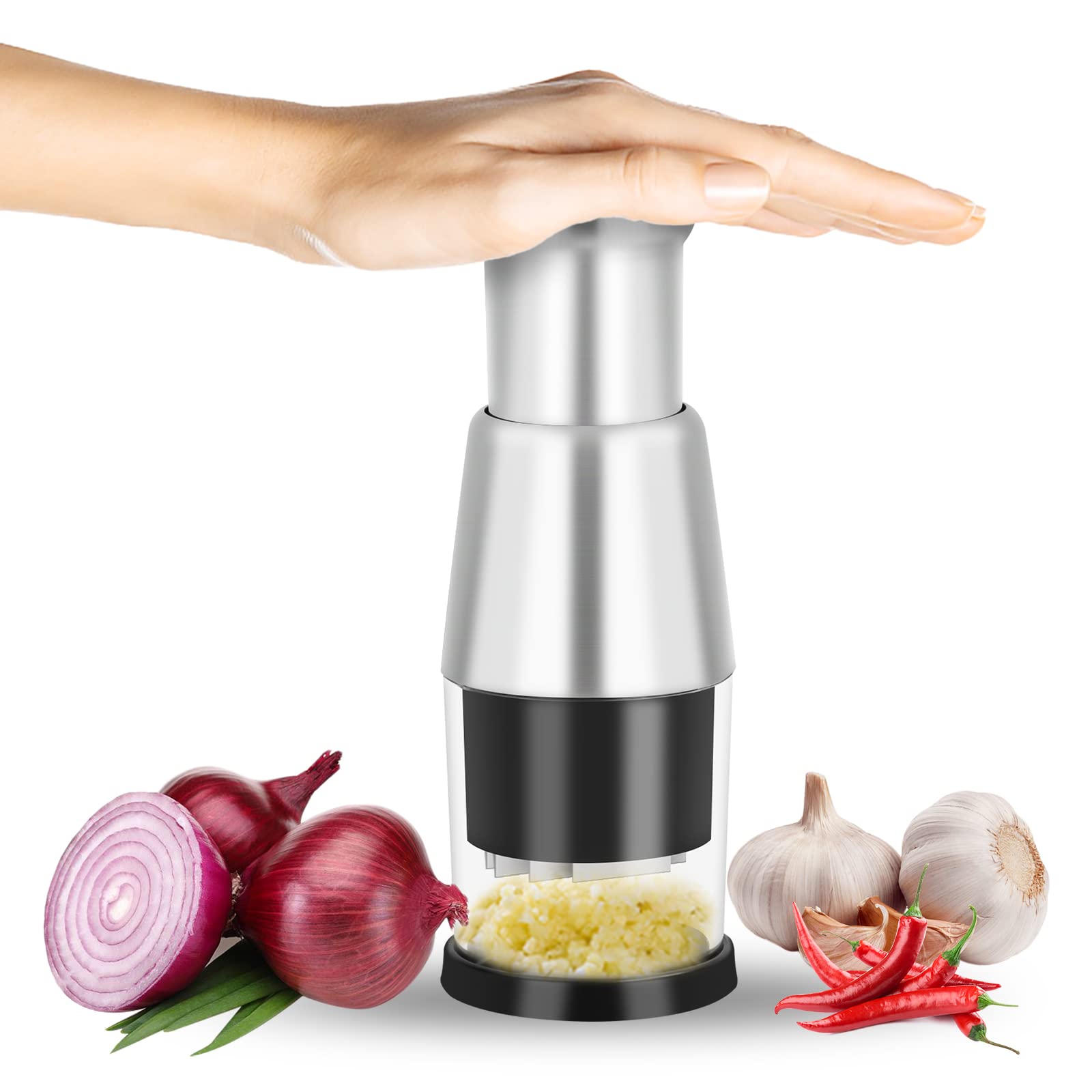 Dokeno Presse-Ail Inox, Hacheuse d'Échalote, Coupe-Oignon, Manuel à Pousser, Hachoir Gingembre, Ustensile de Cuisine pour Ail, Poivrons, Oignons - Noir