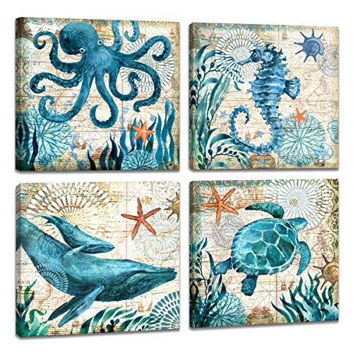 4 Piece Canvas Wall Art Home Wall Decor Art Ocean Watercolor Sea World