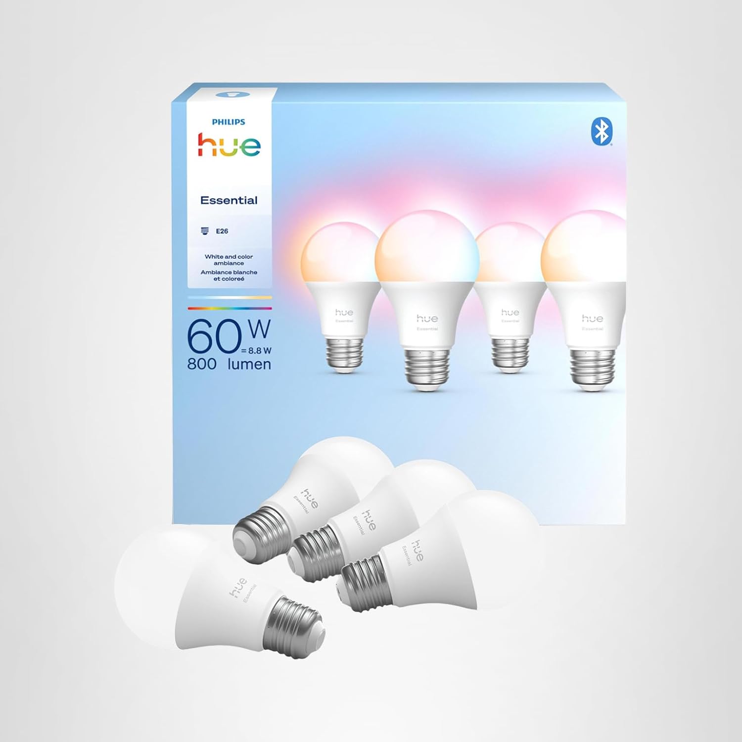 Philips Hue Essential Smart LED A19 Bulb, White and Color Ambiance, E26 Base, 8.8W, 2200K-6500K, 800 Lumens, Dimmable, Works with Alexa, Google, and Apple Home, 4-Pack