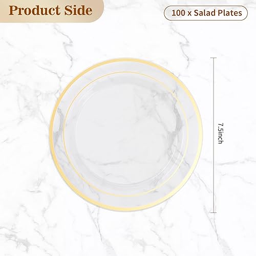Miniatura 4 de BESTVIP 100 platos de plástico transparente, platos de postre desechables de 7.5 pulgadas con borde dorado, platos de plástico desechables