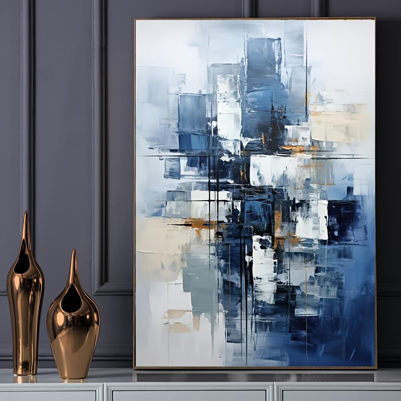 Toile abstraite bleu orange beige 90x125 - Habiller un grand mur
