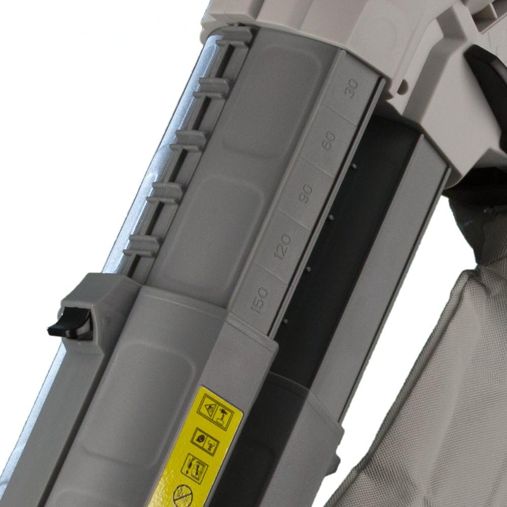 A user vacuuming leaves with the IKRA IBV2800 E/GY 8732, demonstrating its collection capability.