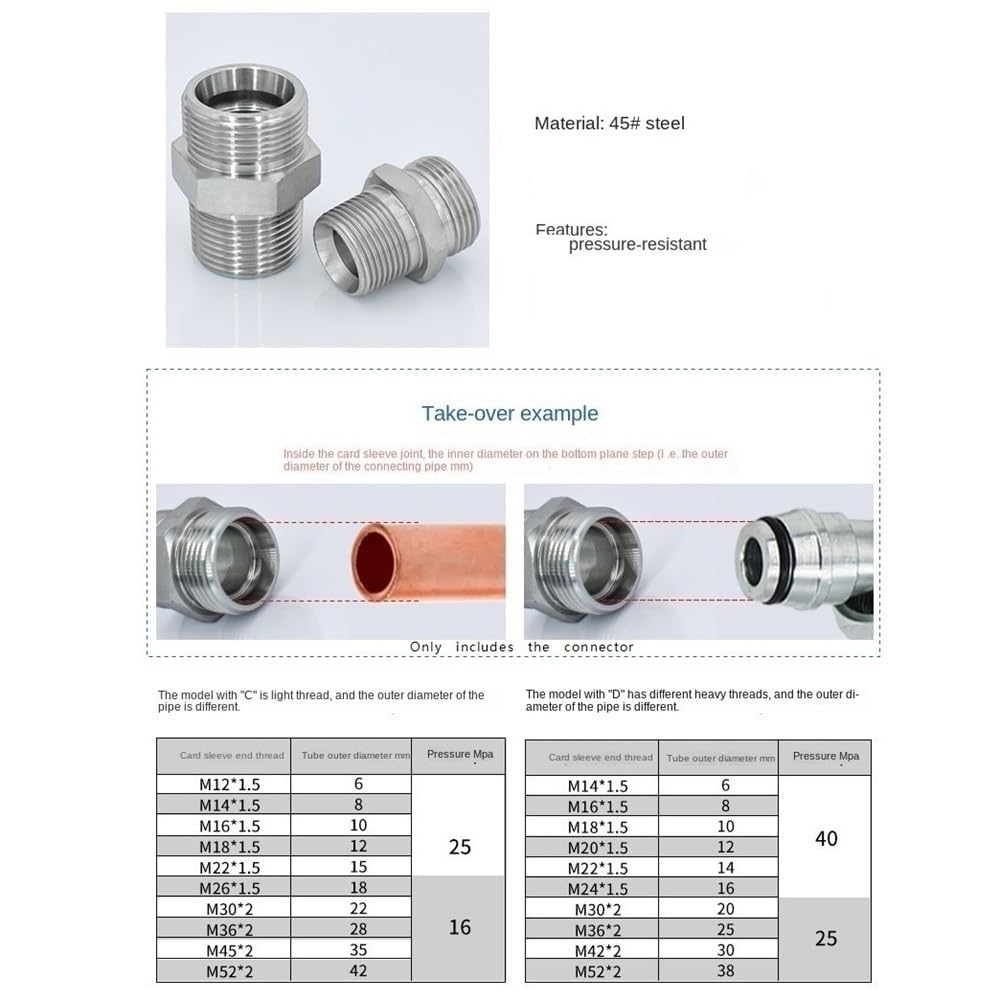 Accesorio de Conector de Rosca BSP a métrica de Acero al Carbono: Rosca Macho, Paso Recto, Opciones de 1/8, 1/4, 3/8, 1 Pulgada(M52x2x1-1/2inch)