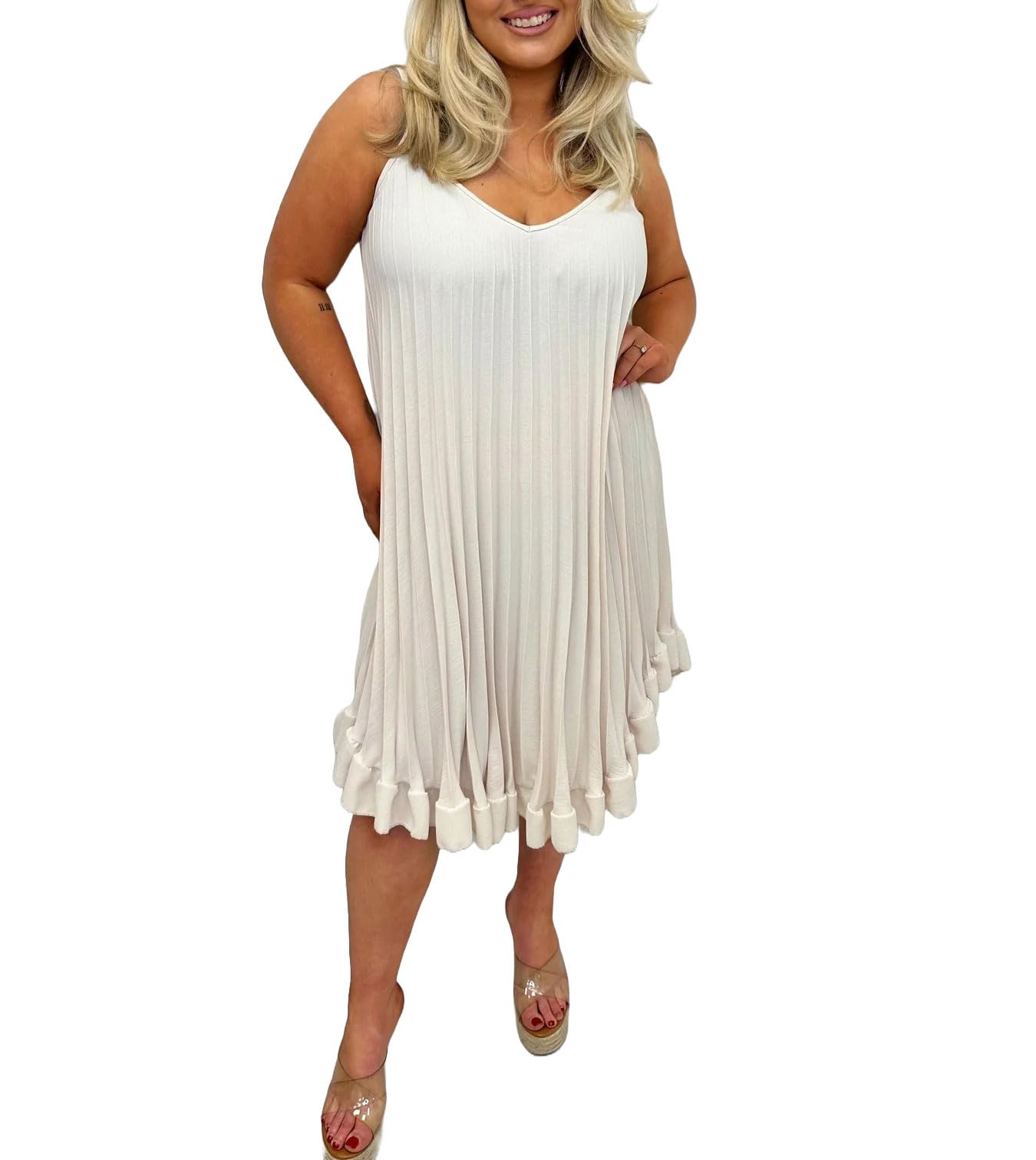 FAIRY BOUTIQUE Womens Plain Sleeveless Pleated Cami Swing Dress Ladies Oversized Summer Dress Strappy Frill Camisole Top (Beige UK 20)