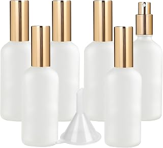 LusDoly Pack of 6, Empty 100ml Frosted Transparent Glass Fine Mist Atomiser Bottles with Gold Sprayer Water Spray Bottles Perfume, Aromatherapy, Cosmetic Travel Containers 2x Funnel