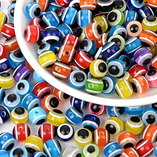 200pcs Sphere Round Evil Eye Beads Handmade Resin Lampwork Beads 8mm Charms Spacer Bead with Elastic Rope for Bracelets Necklace Jewelry Craft Making (Sphere Round Multicolor)