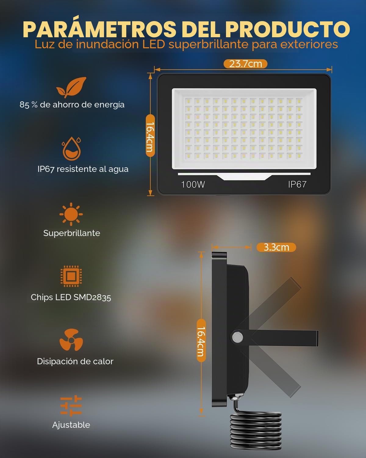 Proyector Focos LED Exterior 100W - 10000LM 6500K Blanco Frío Proyector LED IP67 Impermeable Luces Lampara Exterior para Jardin, Patio (2 Piezas)