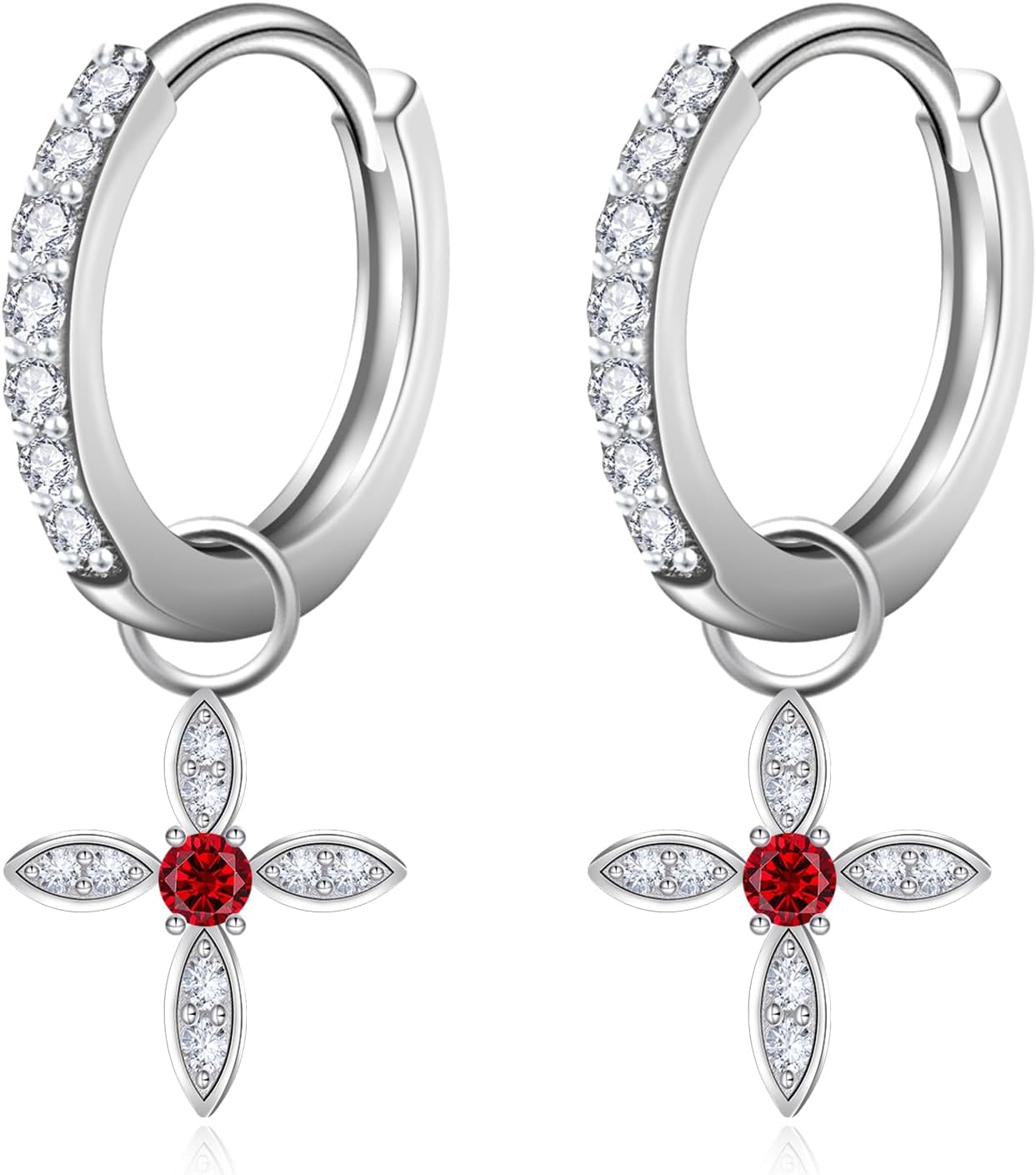 RIVIKO 925 Sterling Silver Drop Dangle Huggie Hoop Cross Earrings for Women Dainty Birthstone Earrings Trendy Wedding Jewelry Mothers Day Birthday Gift for Women Her Wife Friends
