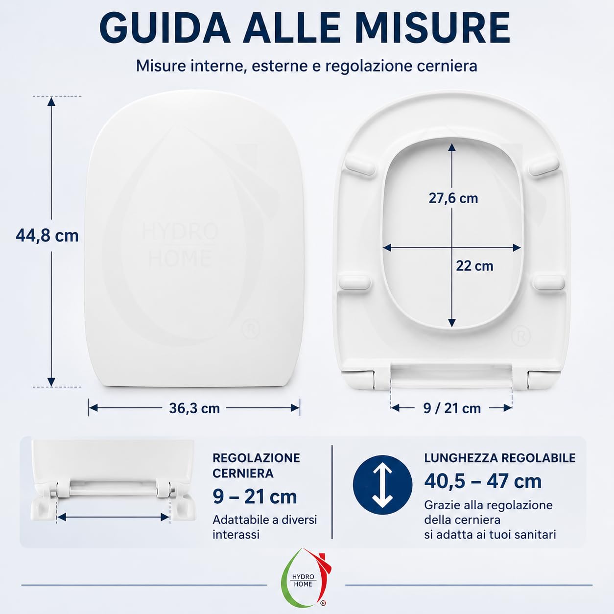 HYDRO HOME Copriwater Compatibile con I.LIFE A Ideal Standard, Sedile WC Slim in Duroplast Termoindurente Bianco, Soft Close, Cerniere Regolabili con Fissaggio dall’Alto (CHIUSURA AMMORTIZZATA)