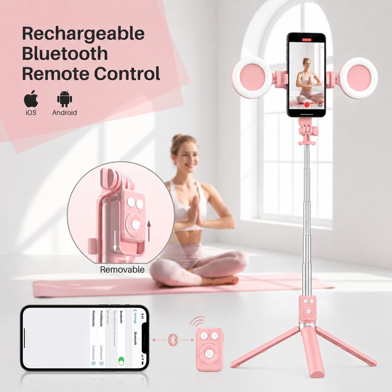1.7m Palo Selfie Tripode con Luz, 360° Trípode para Movil Profesional con Mando Compatible con iPhone y Android, Selfie Stick inalámbrico para Vídeos TikTok Youtube, Rosa