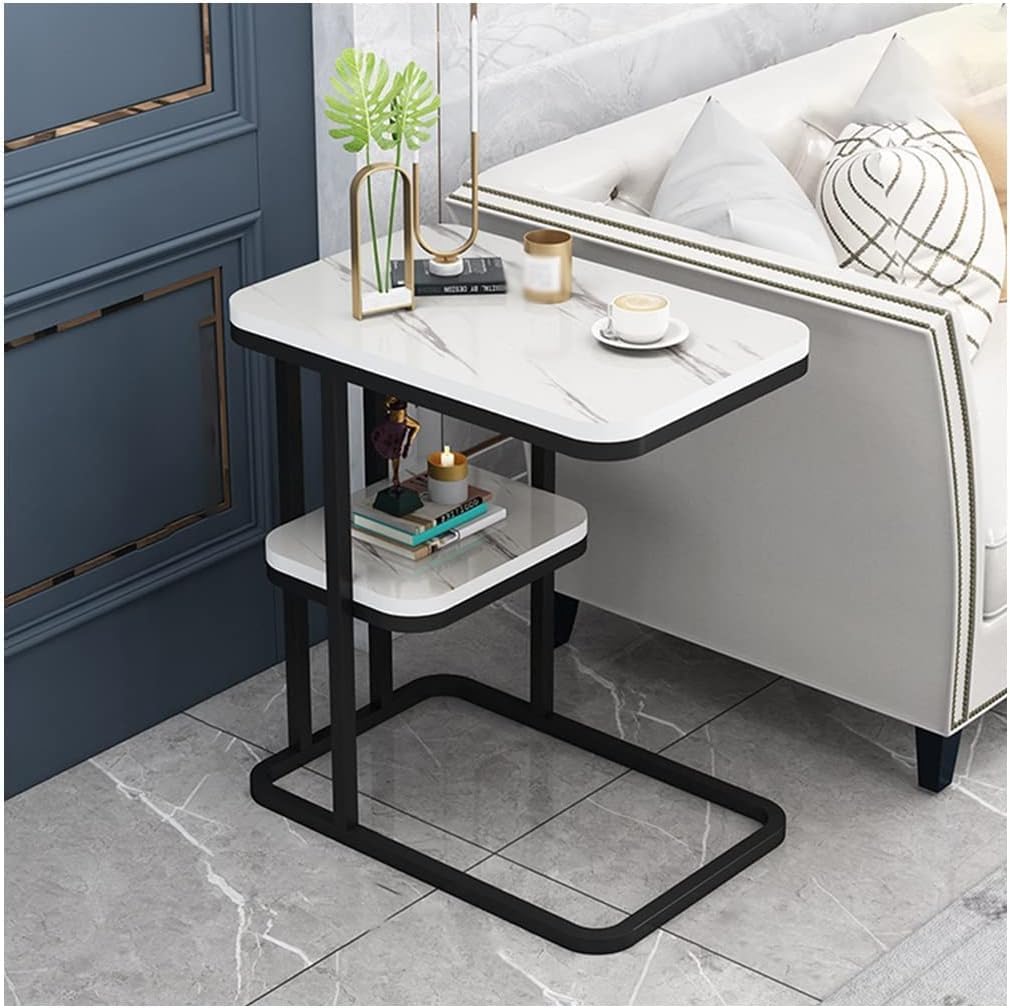 waqif End Table Side Table 3 Tiers White Marble Nightstand Industrial Retro Storage Coffee Table Small Apartment Home Living Room Multifunctional Simple Mini Side Table Modern Corner Table